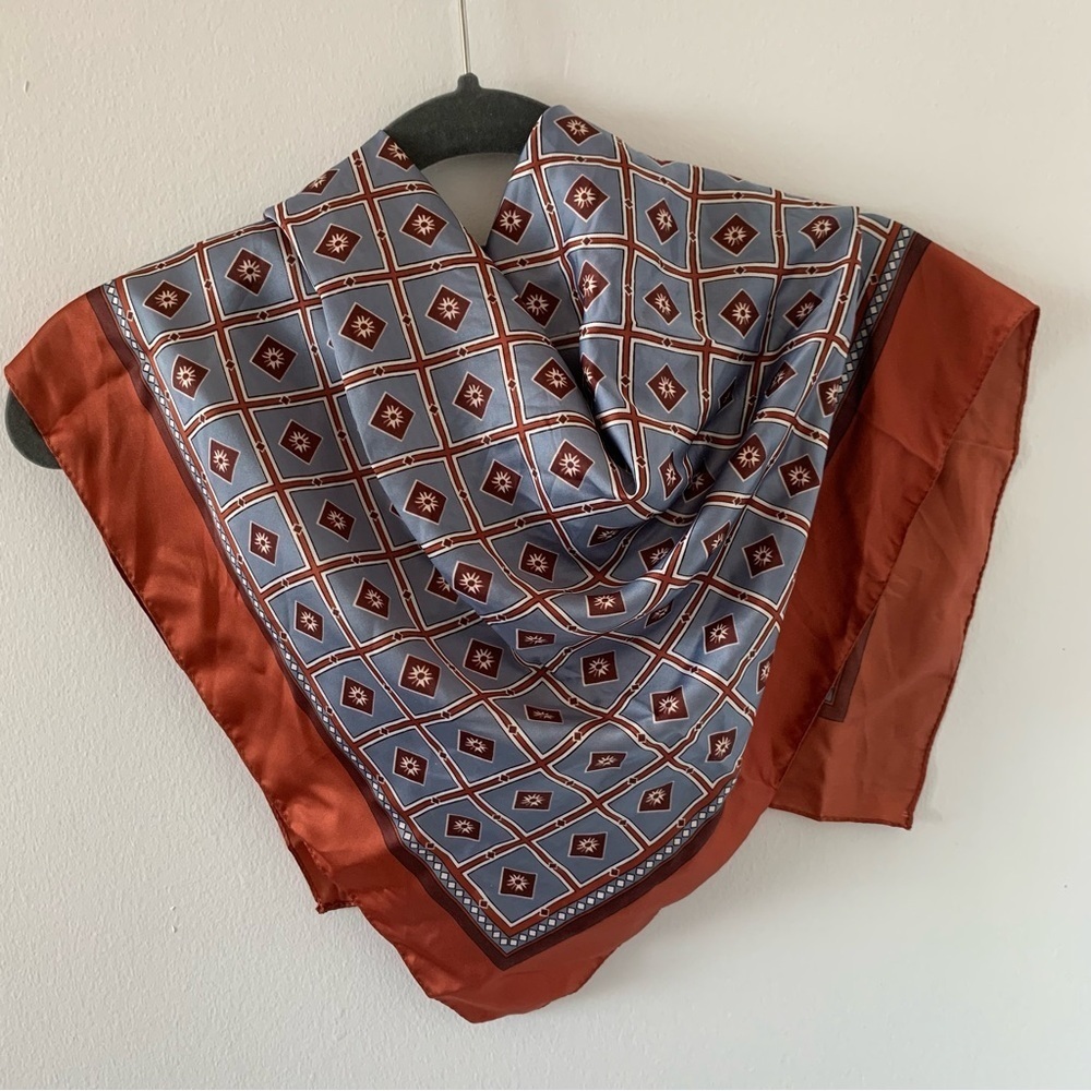 Zara 100% Silk Printed Multicolor Kerchief Head Neck Scarf Rust &‎ Blue Colors